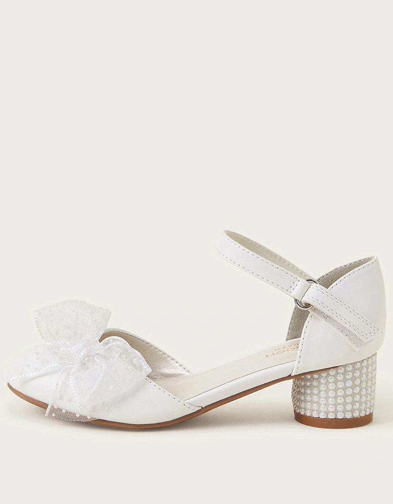 Girls Large Pearly Bow Heeled Shoes - Ivory