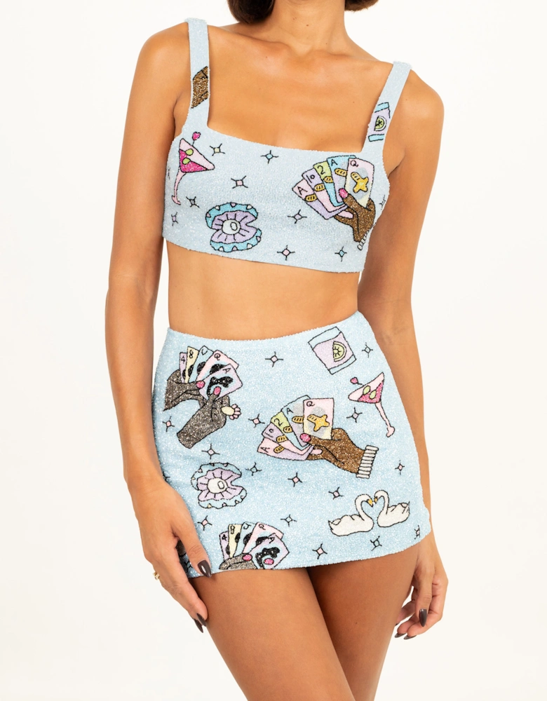 Vegas Beaded Mini Blue Party Beach Co-ord Skirt