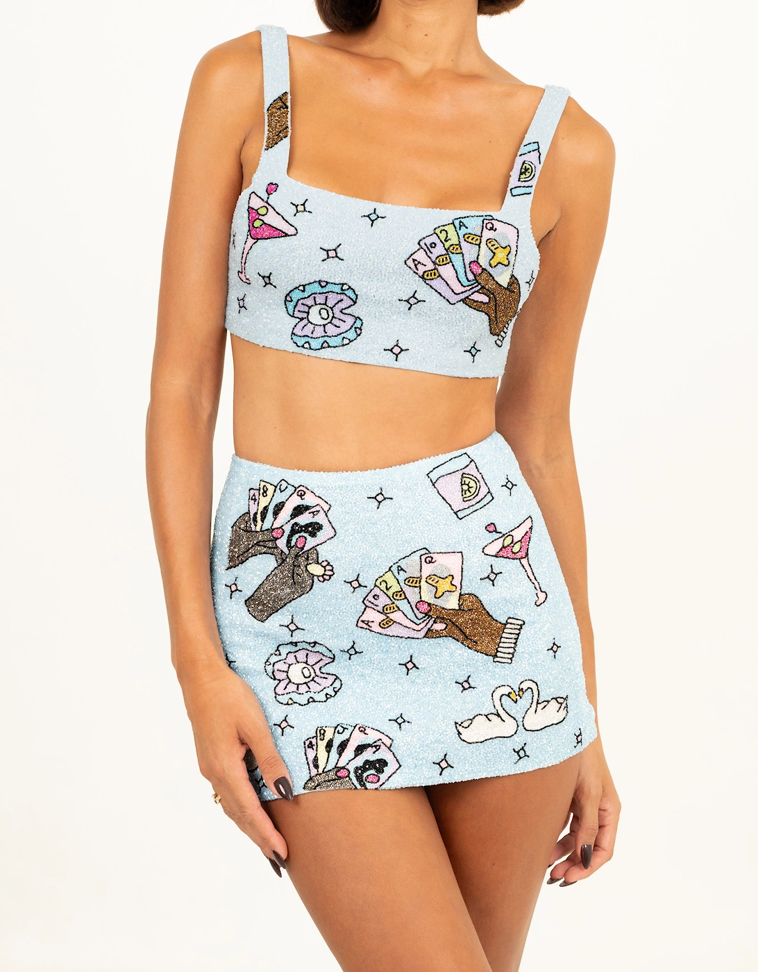 Vegas Beaded Mini Blue Party Beach Co-ord Skirt, 6 of 5