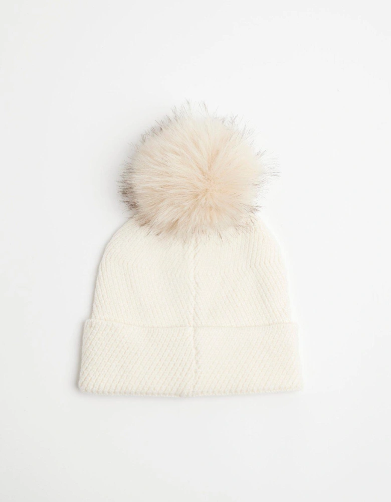 Girls Oversized Pom Pom Beanie - Cream