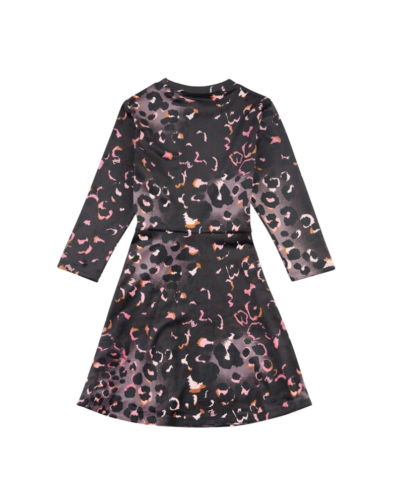 Girls Leopard Print Velour Dress - Black