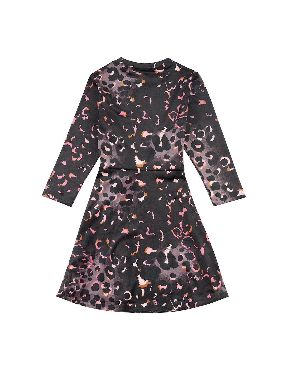 Girls Leopard Print Velour Dress - Black