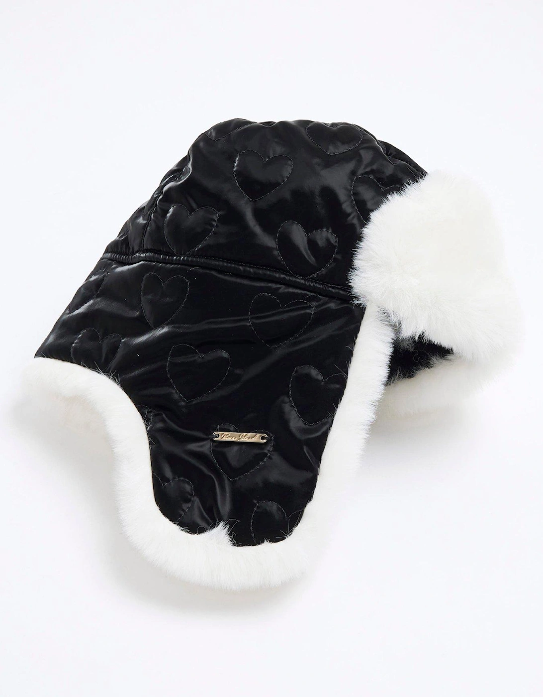 Girls Padded Heart Trapper Hat - Black