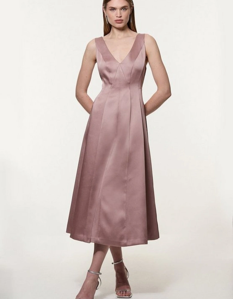 Petite Viscose Satin Structured Tailored Seam Detail Midi Dress