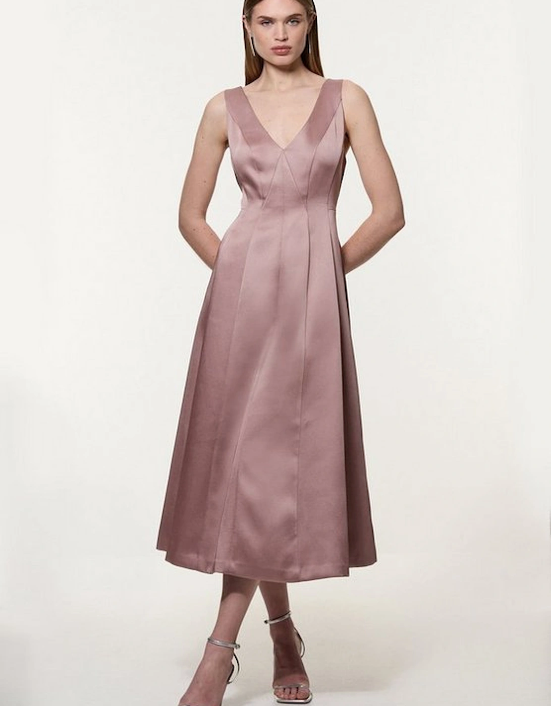 Petite Viscose Satin Structured Tailored Seam Detail Midi Dress, 4 of 3