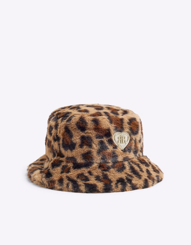 Girls Leopard Print Faux Fur Bucket Hat - Beige