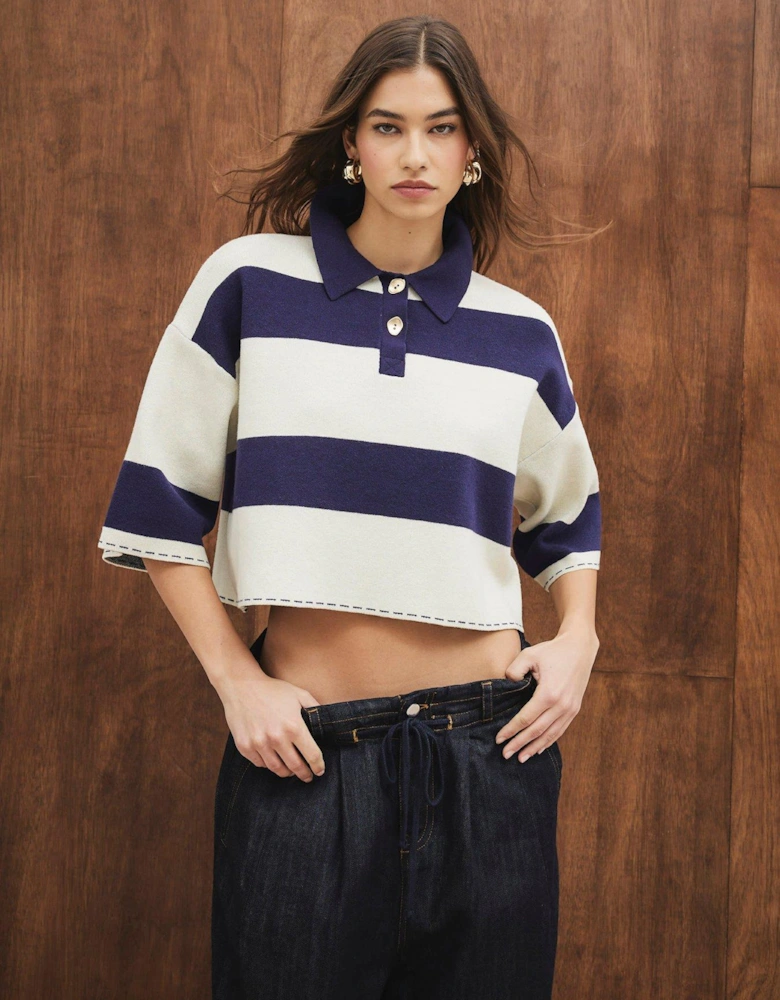 Boxy Crop Stripe Polo - Navy/White