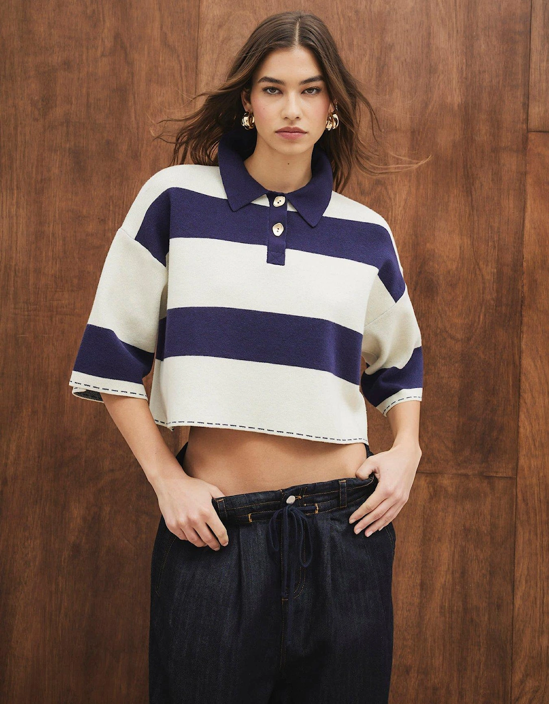 Boxy Crop Stripe Polo - Navy/White, 6 of 5