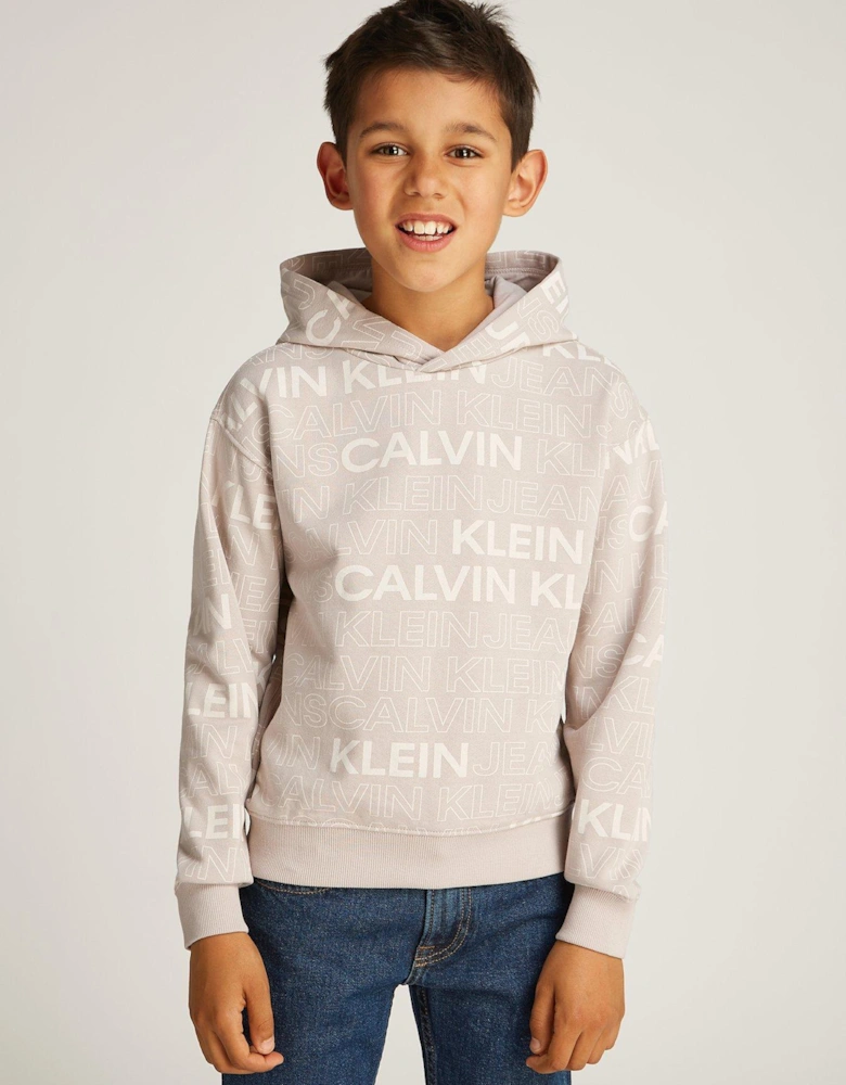 Boys Ckj Logo Aop Hoodie - Beige