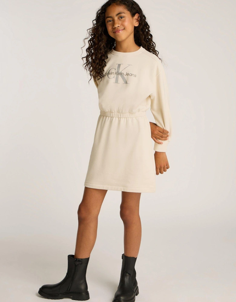 Girls Glitter Monologo Sweat Dress - Beige