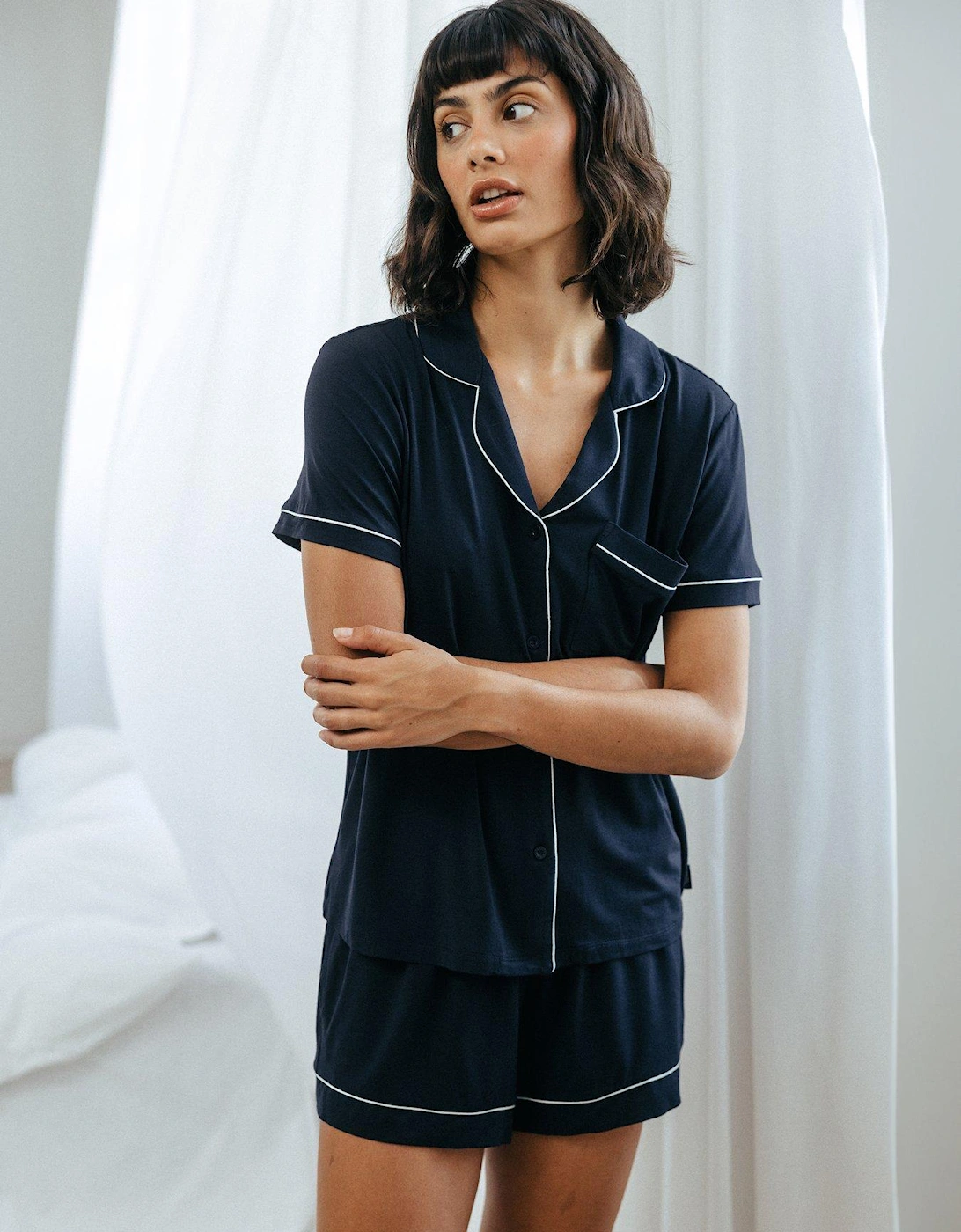 Modal Short Button Up Pyjama Set - Navy, 2 of 1