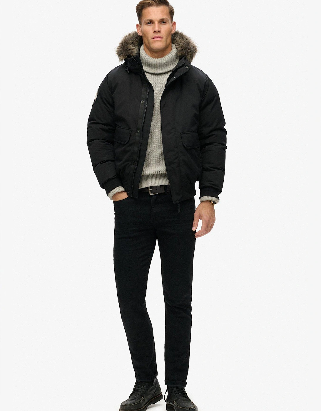 Everest Hooded Faux Fur Bomber Jacket - Black