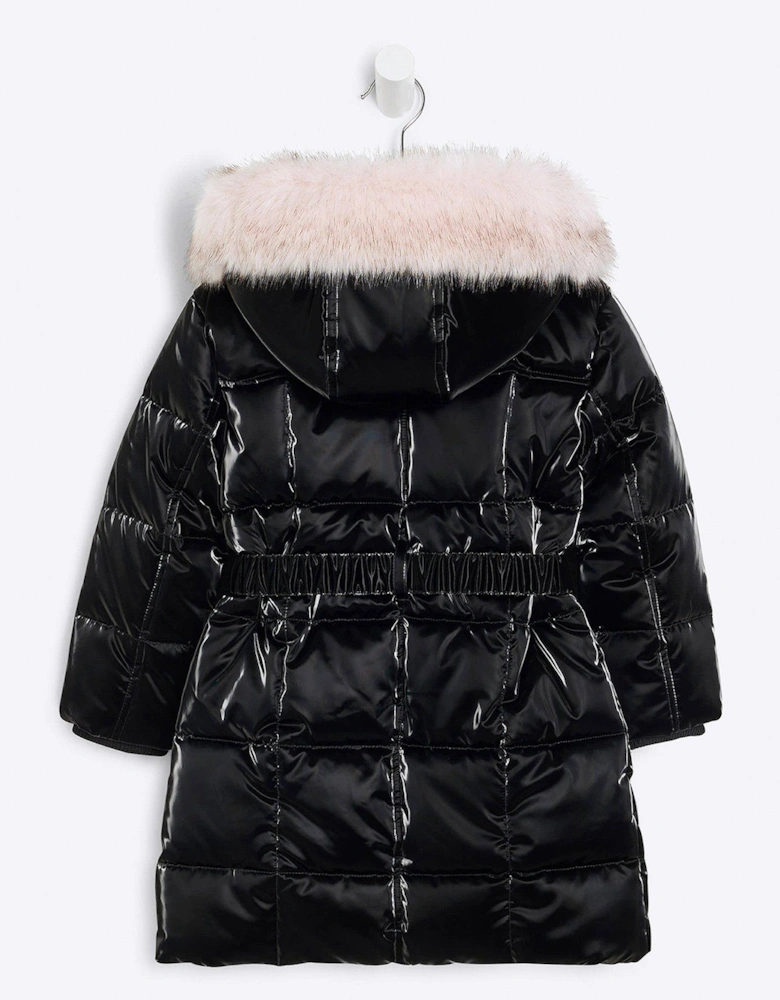 Mini Girls Faux Fur Puffer Jacket - Black