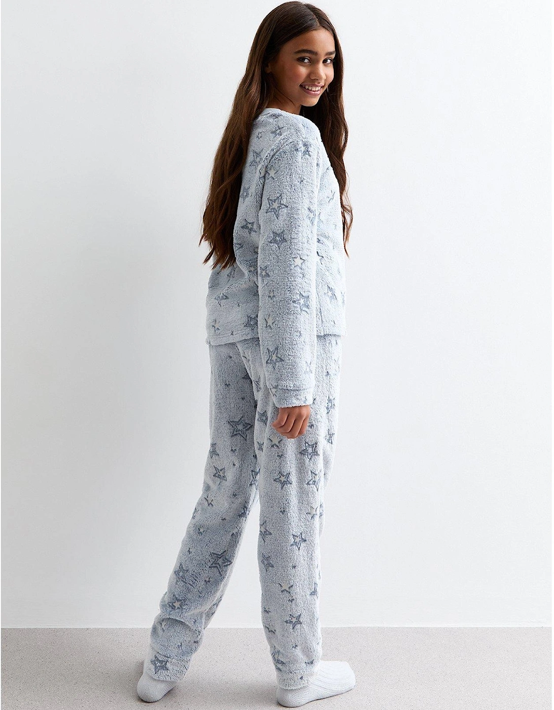 Girls Blue Metallic Star Fleece Long Pyjama Set