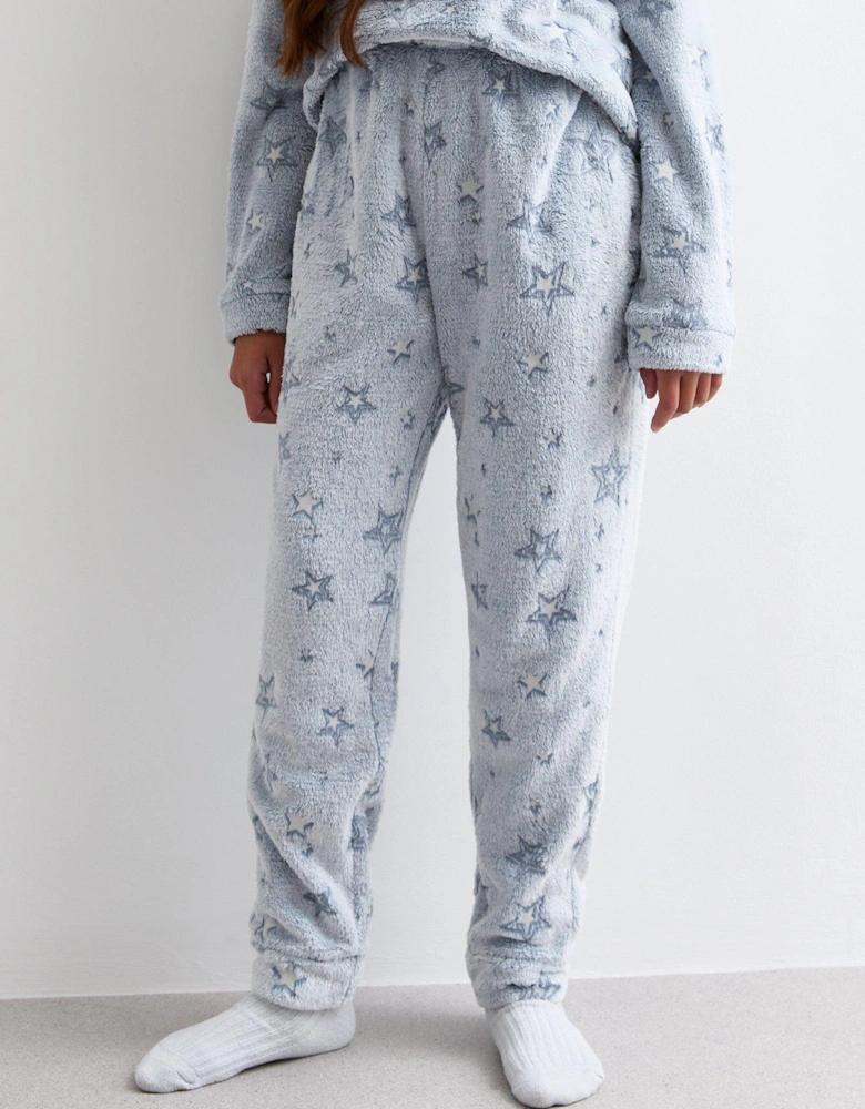 Girls Blue Metallic Star Fleece Long Pyjama Set