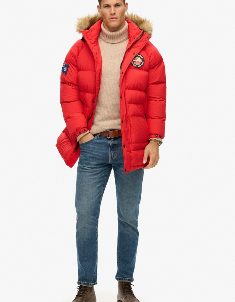 Everest Hooded Faux Fur Longline Padded Parka Coat - Red