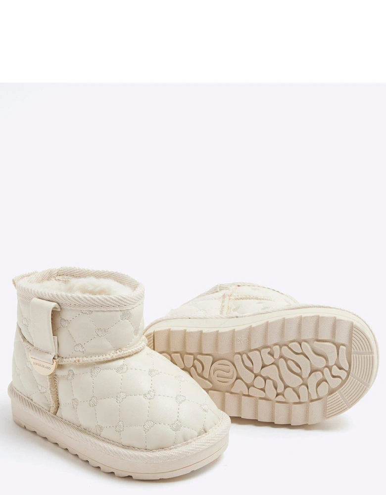 Girls Heart Quilt Fur Lined Boots - Cream