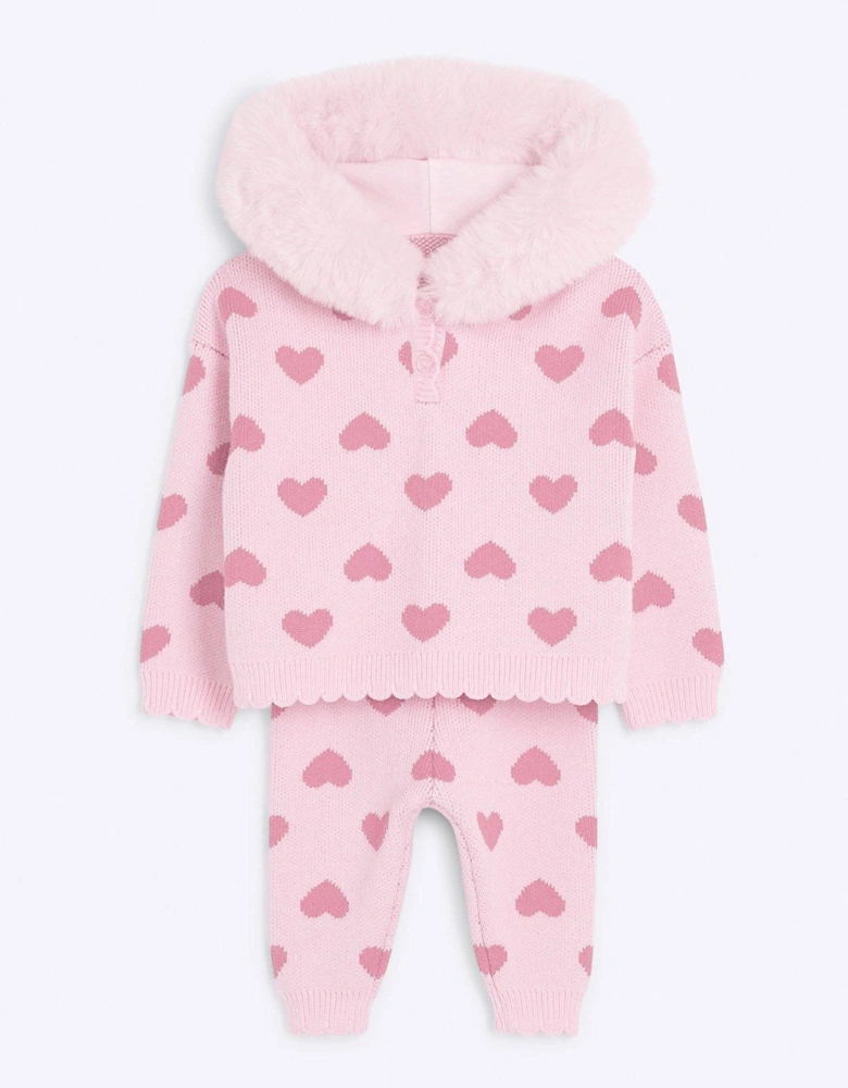 Baby Girl Heart Knit Hooded Poncho Set - Pink