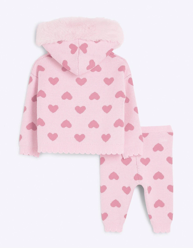 Baby Girl Heart Knit Hooded Poncho Set - Pink