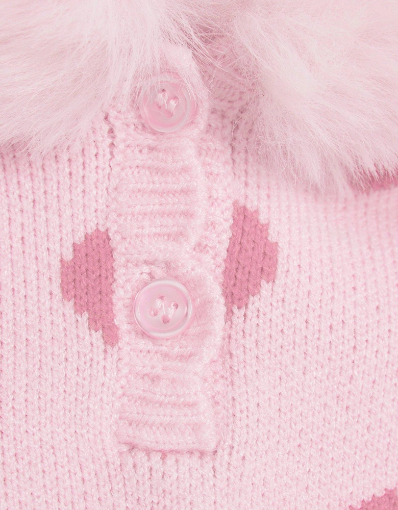 Baby Girl Heart Knit Hooded Poncho Set - Pink