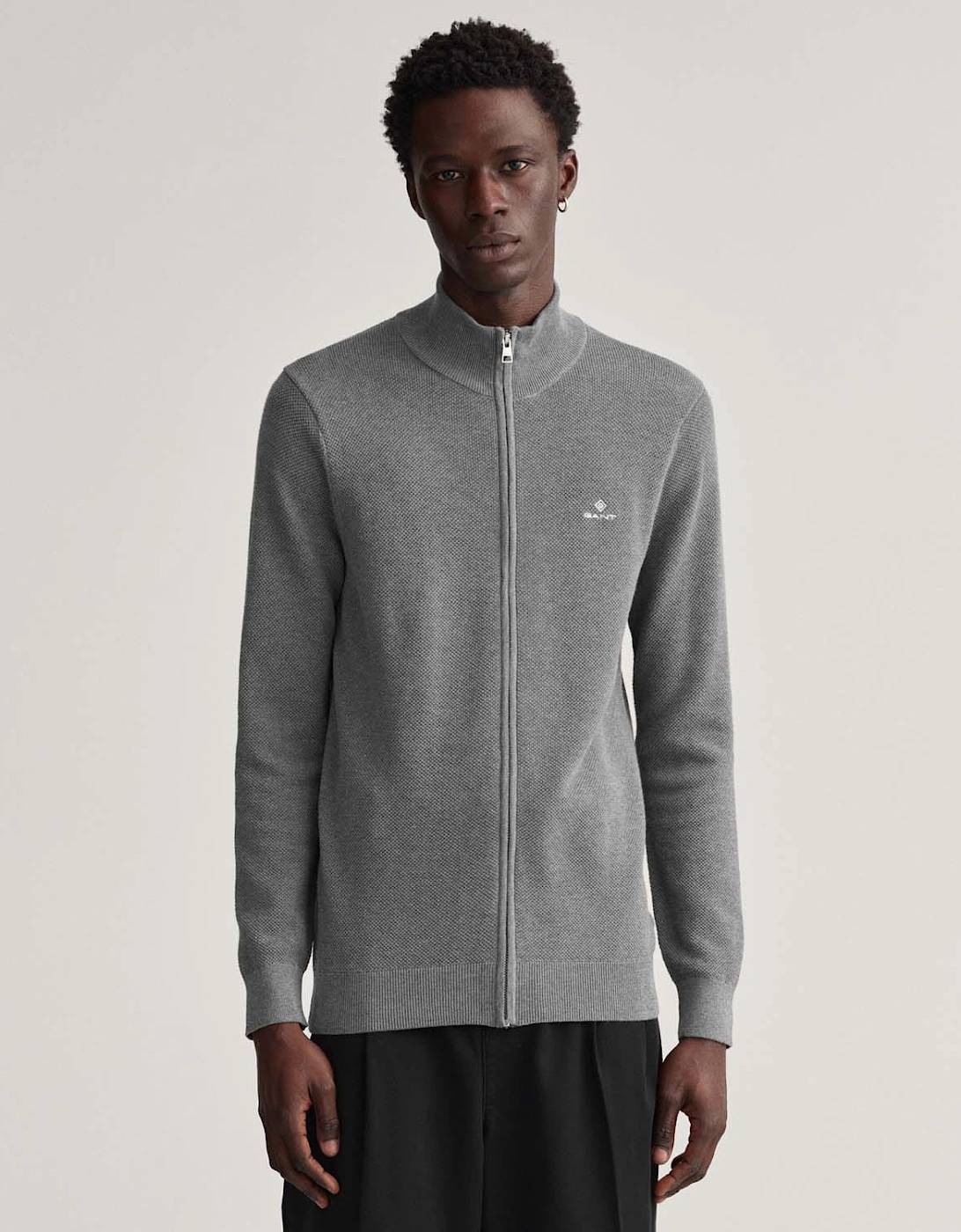 Gant Men's Grey Cotton Piqué Zipped Cardigan - : 38/Regular M