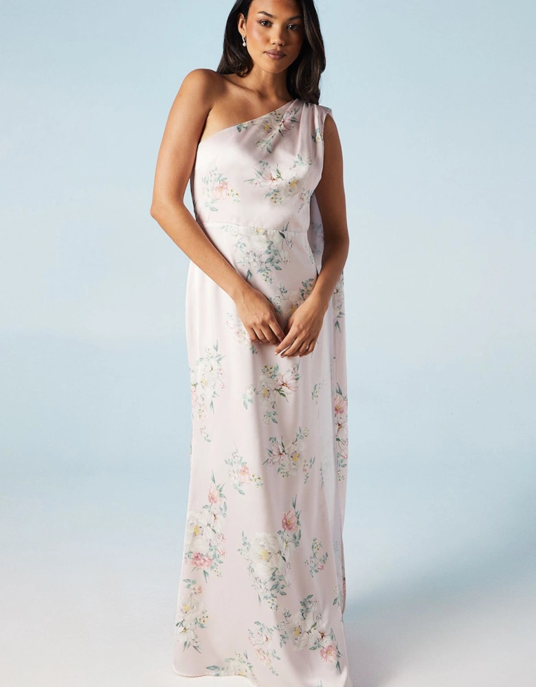 Spring Posy Printed Satin Drape Shoulder Bridesmaids Dress