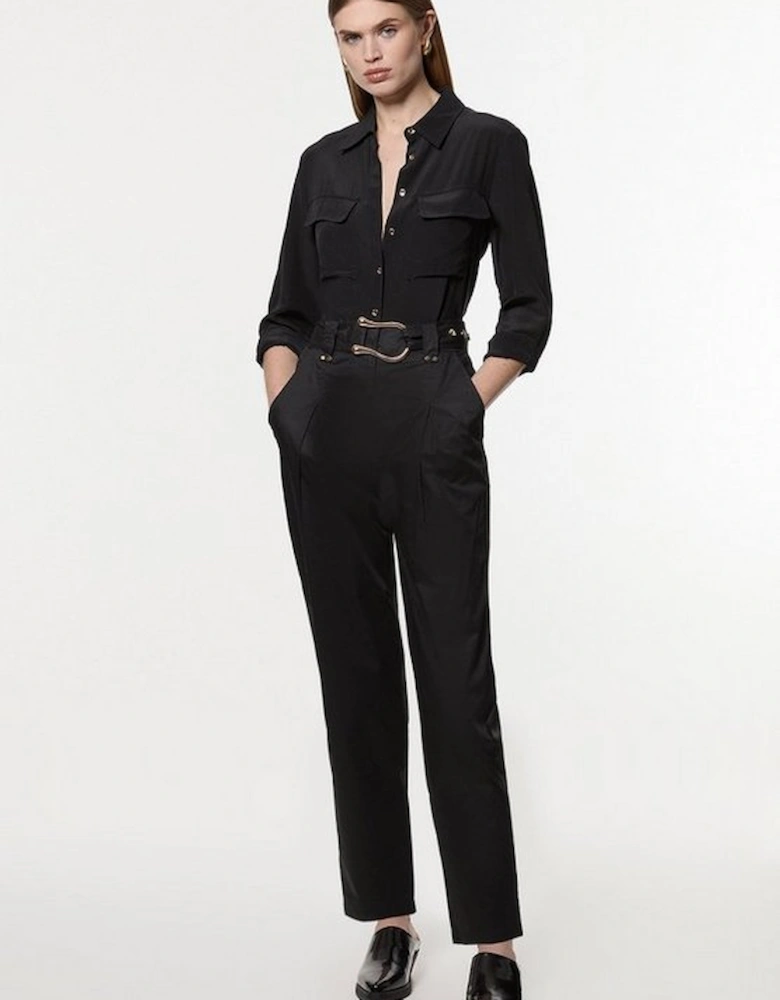 Cotton Sateen Belt Detail Woven Trouser