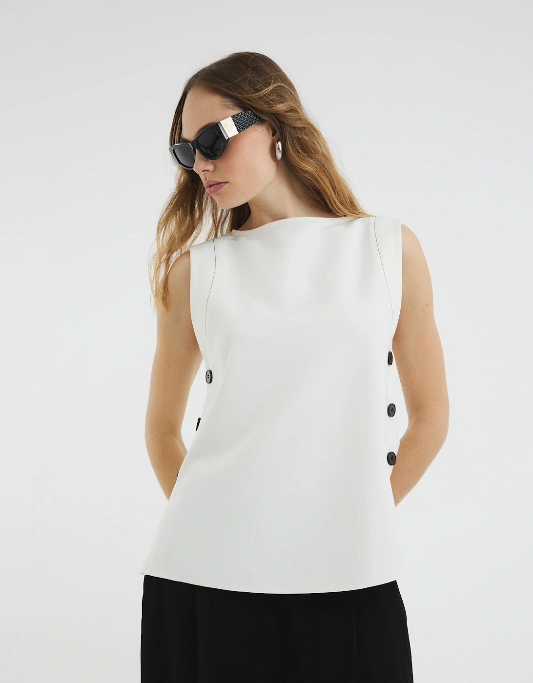 Button Side Topstitch Top - Cream, 2 of 1