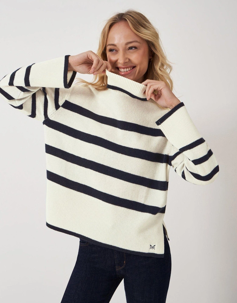 Roll Neck Wide Sleeve Stripe Jumper - White