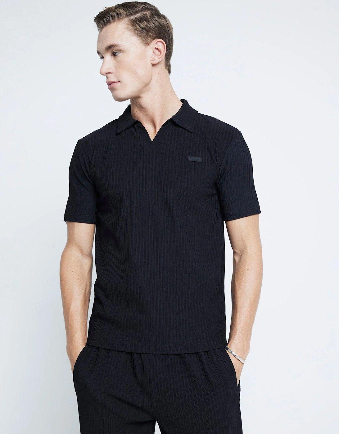Muscle Fit Open Neck Rib Polo Shirt - Black, 6 of 5