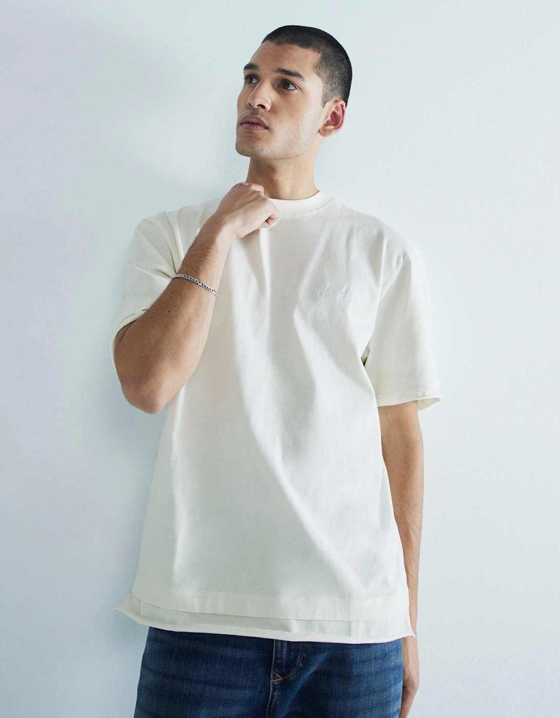 Double Layer Raw Hem T-Shirt - Cream, 6 of 5