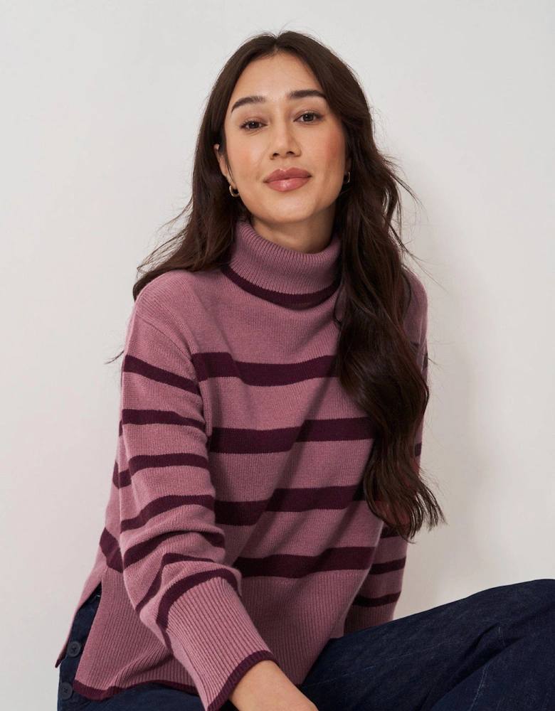 Roll Neck Wide Sleeve Stripe Jumper - Pink