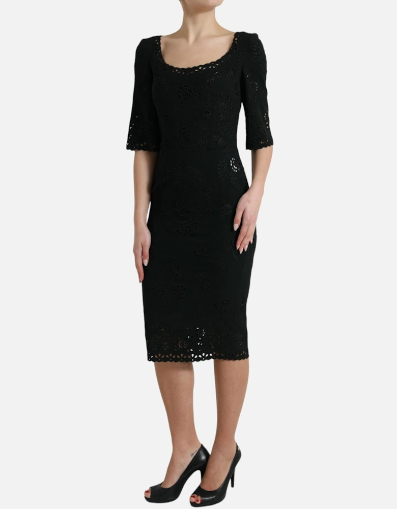 Floral Lace Bodycon Midi Dress with Back Zipper Closure & Logo Details