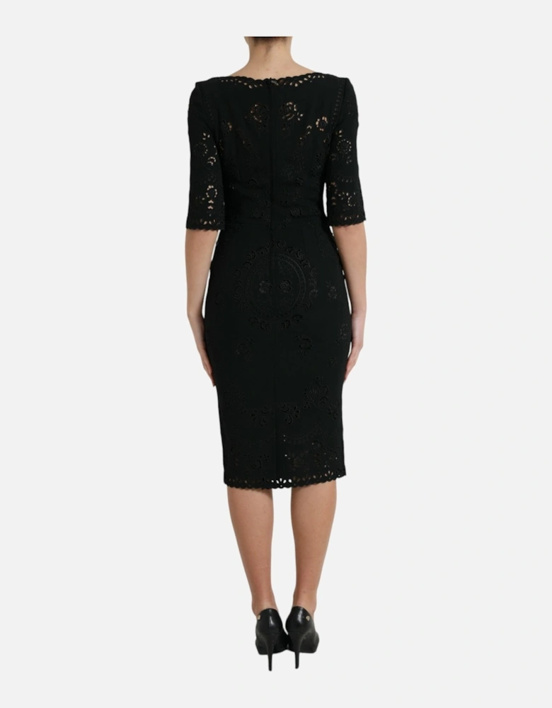 Floral Lace Bodycon Midi Dress with Back Zipper Closure & Logo Details