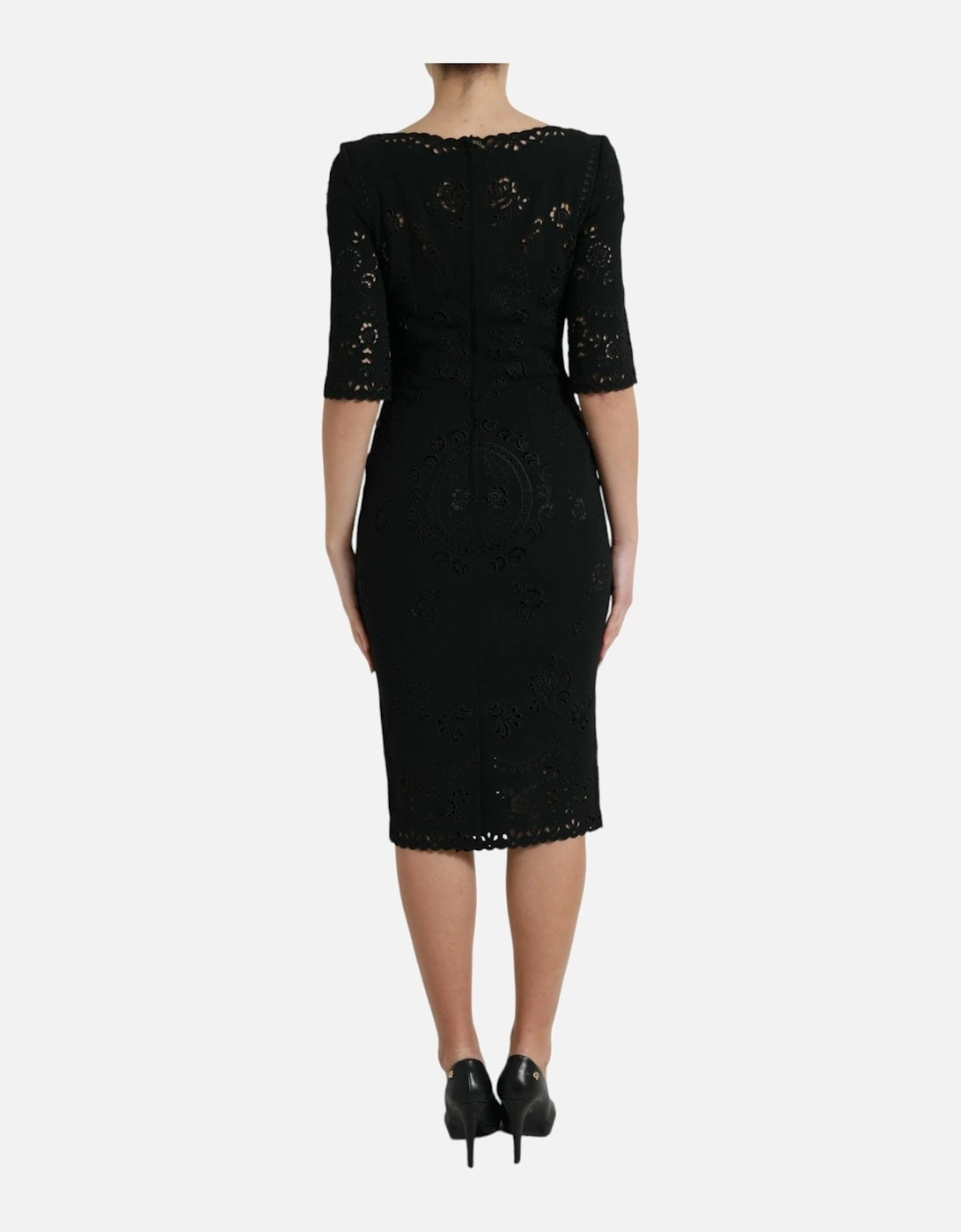 Floral Lace Bodycon Midi Dress with Back Zipper Closure & Logo Details