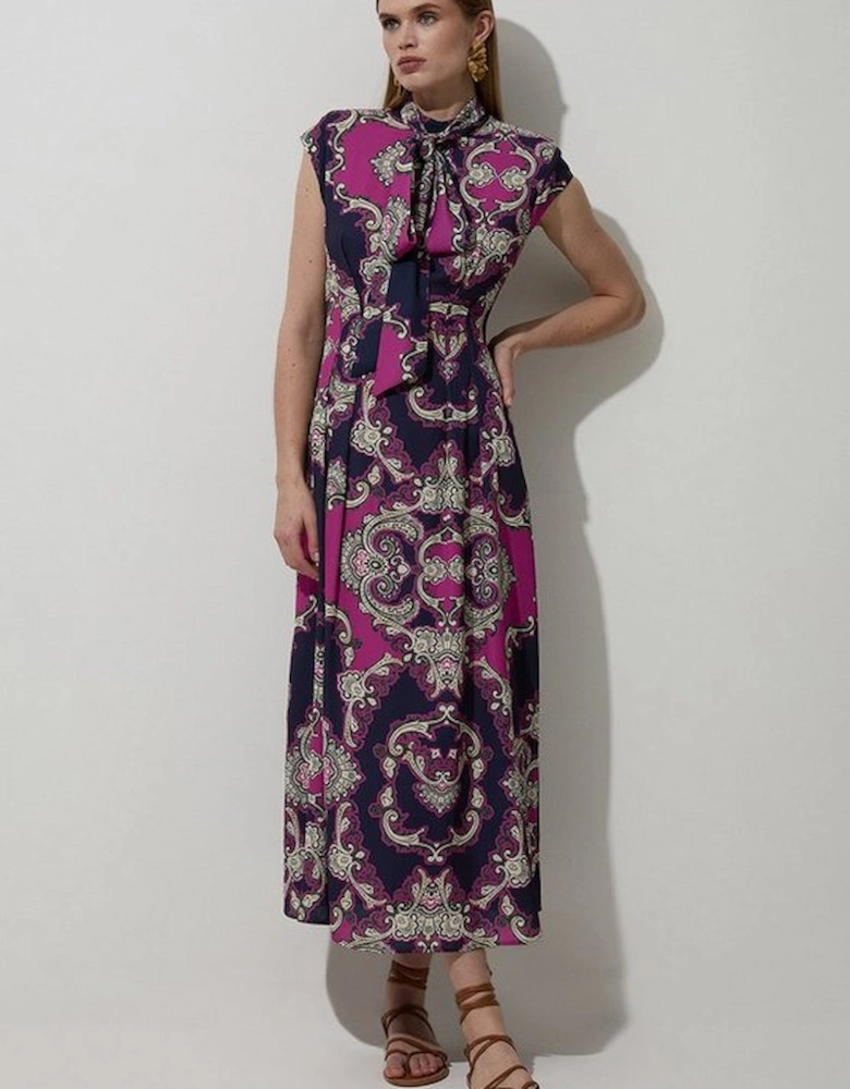 Tile Print Georgette Woven Sleeveless Pleated Maxi Dress