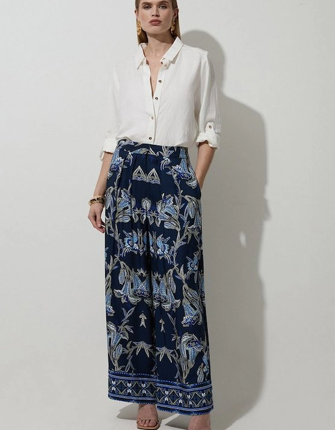 Viscose Linen Mirrored Floral Woven Straight Leg Trouser, 5 of 4