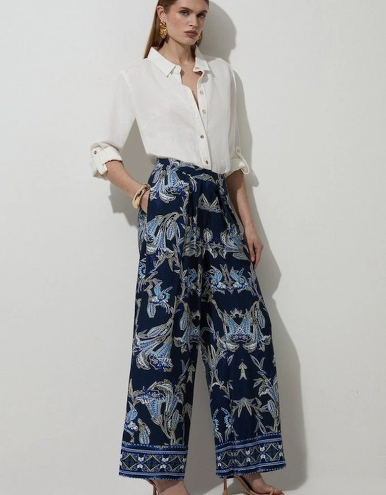 Tall Viscose Linen Mirrored Floral Woven Straight Leg Trouser