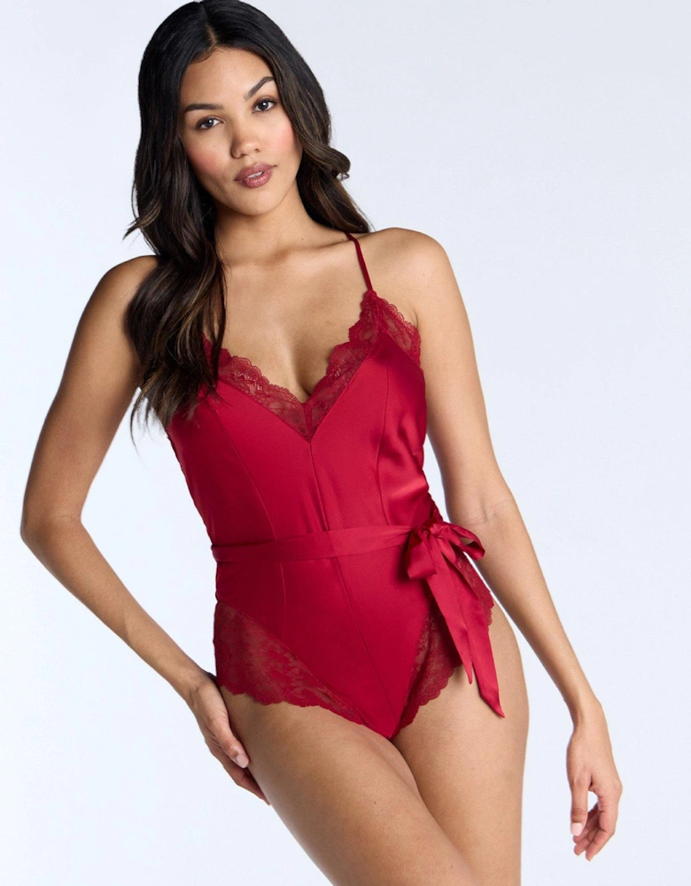 Valentina Lace & Satin Teddy - Dark Red