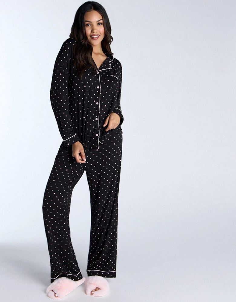 Modal Heart Ls Revere & Pant Set - Black Mix