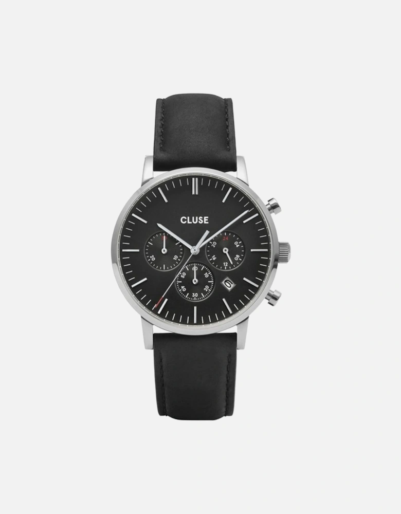 Stainless Steel Quartz Analog Watch with Leather Strap Women - Black