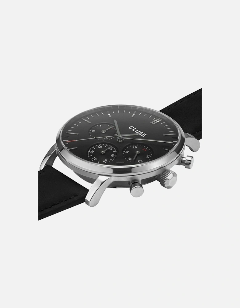 Stainless Steel Quartz Analog Watch with Leather Strap Women - Black