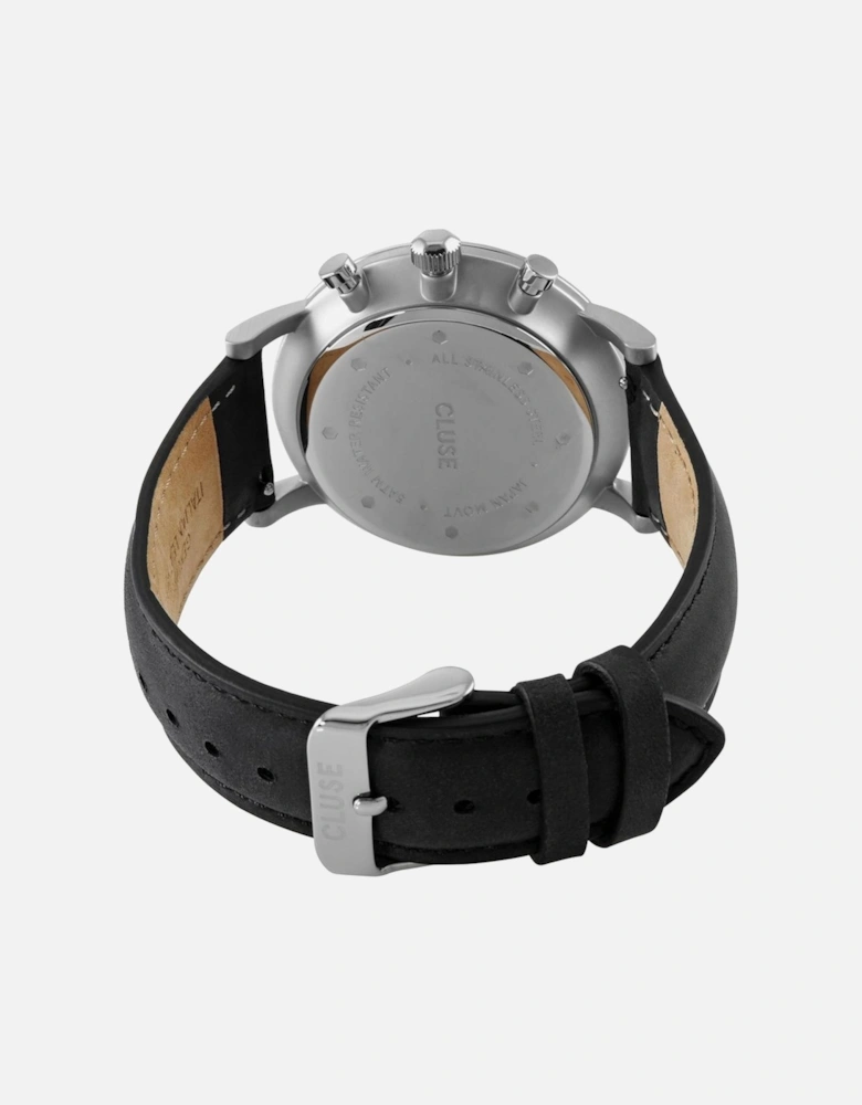 Stainless Steel Quartz Analog Watch with Leather Strap Women - Black
