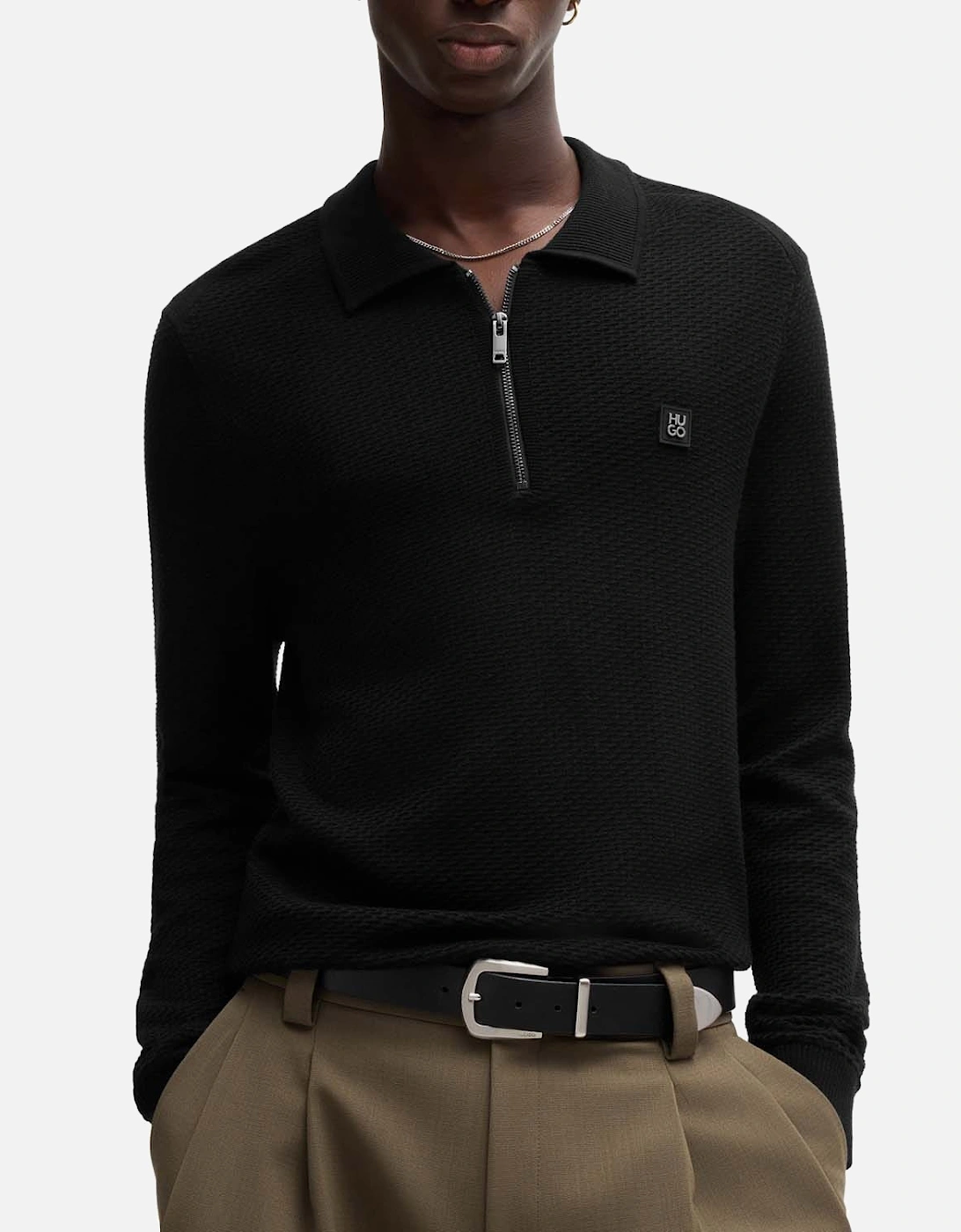 Sastoon Stacked Logo Zip-Neck Knit Polo Shirt