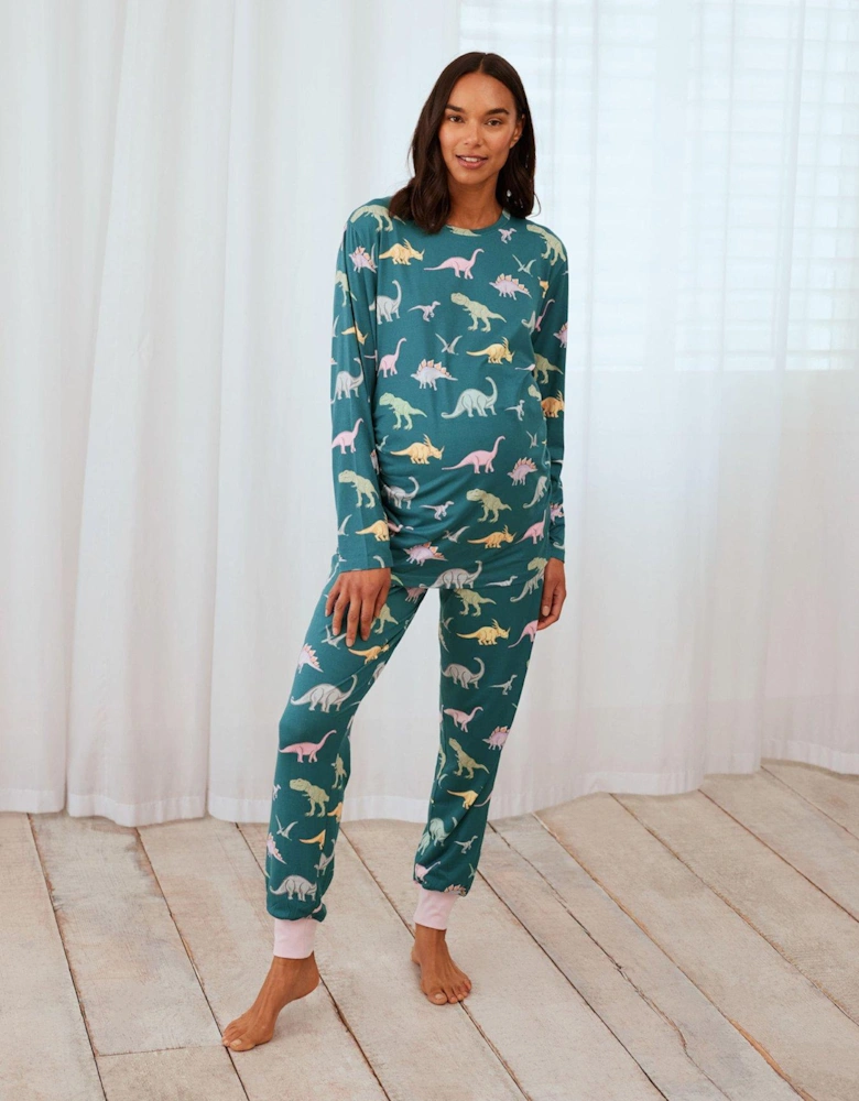 Dino Print Maternity Long Pyjama Set - Green