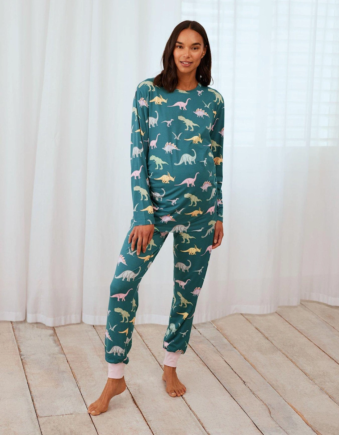 Dino Print Maternity Long Pyjama Set - Green, 2 of 1