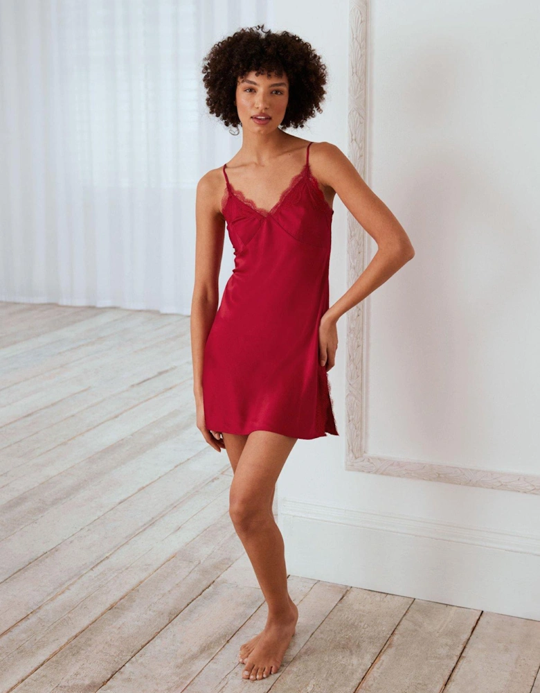 V Neck Strappy Cami Dress In Satin With Lace Trim - Plain Red