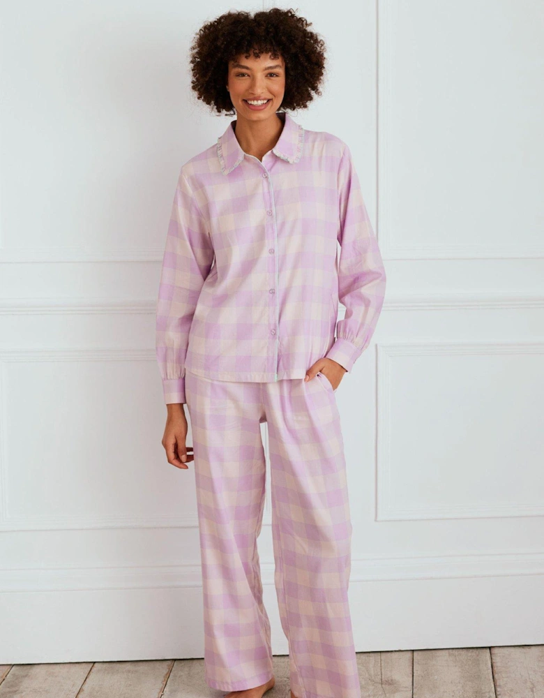 Long Button Up Set In Woven Organic Cotton With Ruffle Collar - Lilac Gingham