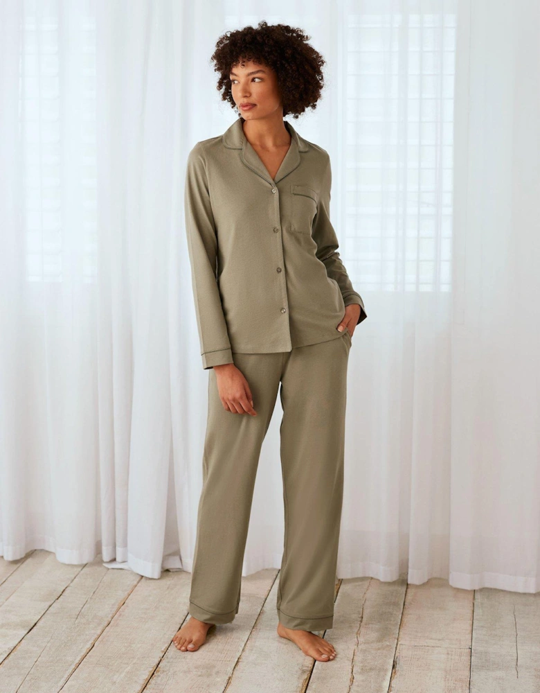 Button Up Long Set In Jersey Cotton - Plain Green