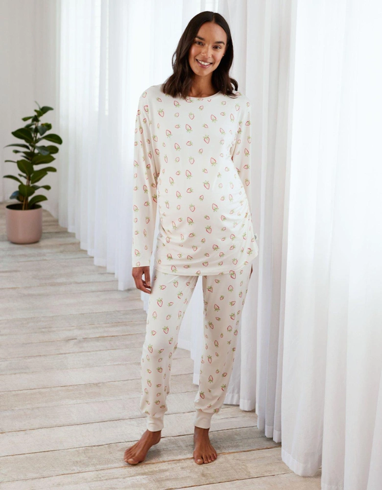 Maternity Strawberry Print Long Pyjama Set - White